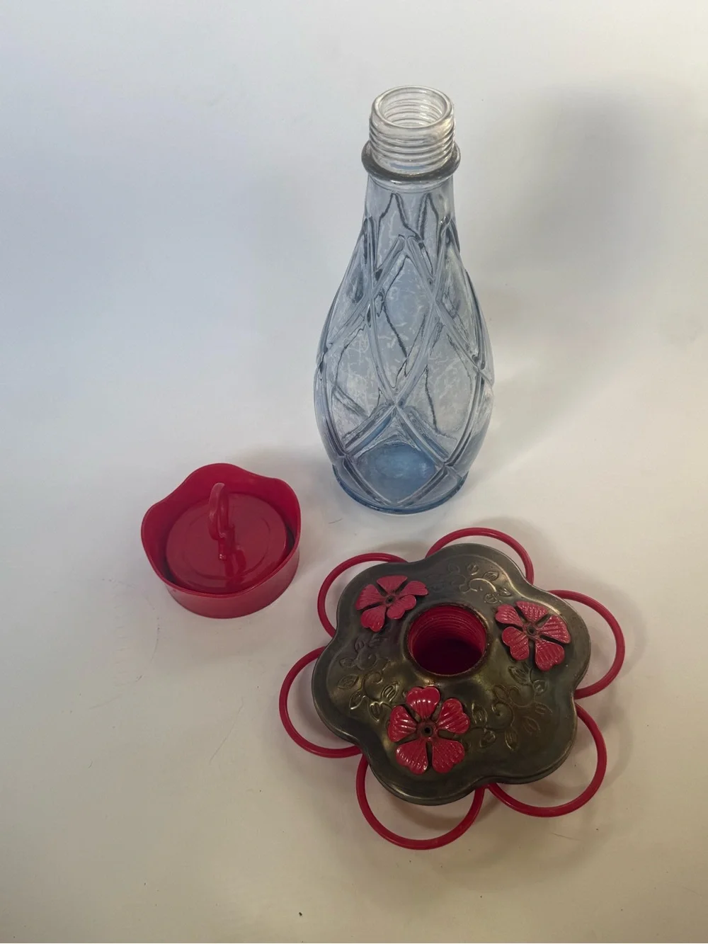 Vintage Decorative Glass Hummingbird Feeder with Red Accents